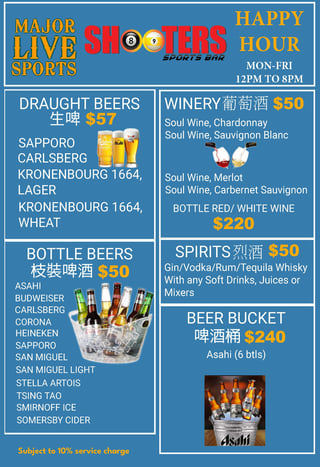 Happy Hour menu for Shooters Sports Bar featuring draught beers, bottle beers, wines, spirits and beer buckets with prices and daily hours Mon-Fri 12PM to 8PM