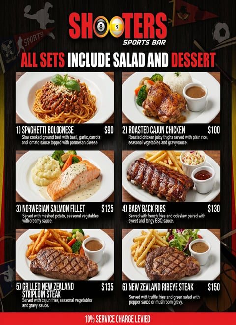 Shooters Sports Bar menu showing 6 entree options with prices ranging from $90-$160, all including salad and dessert