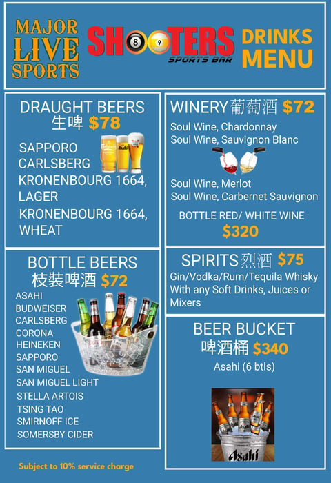 Shooters Sports Bar drinks menu showing draught beers, bottle beers, wines, spirits, and beer bucket prices
