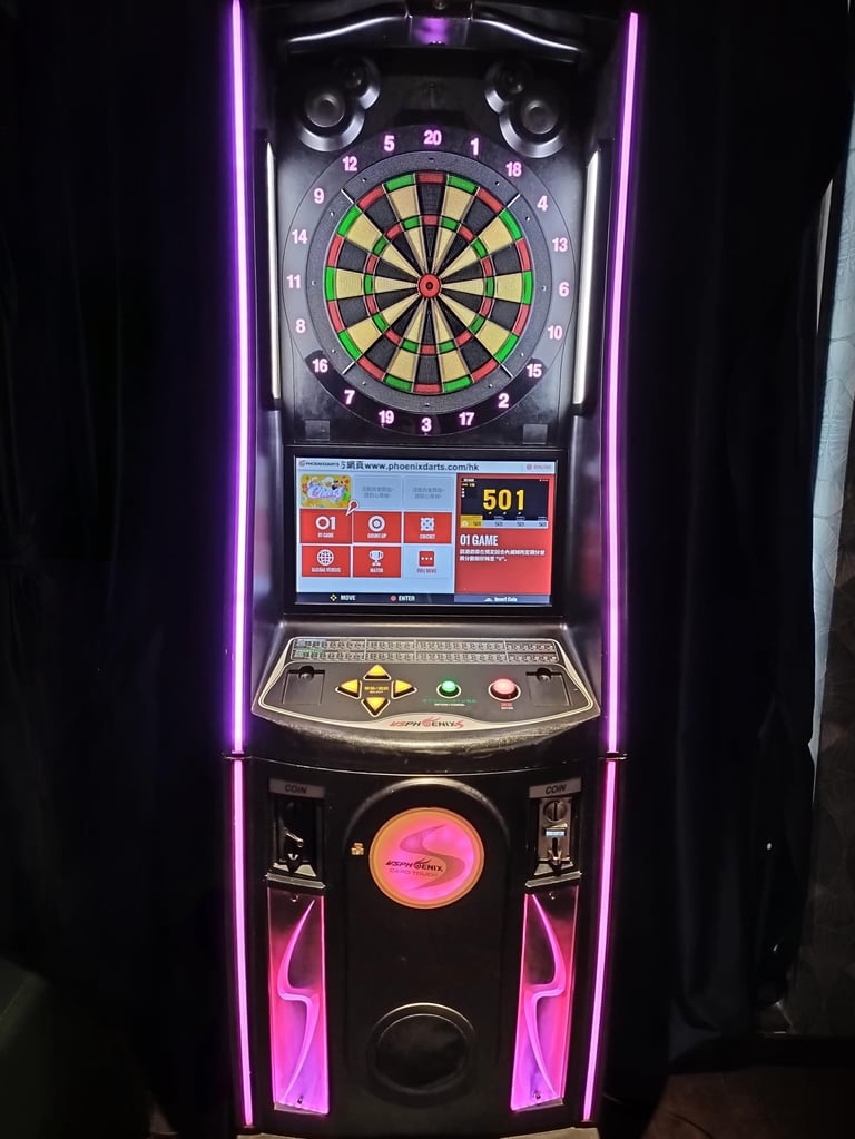 Electronic dart machine with neon purple trim, digital scoreboard displaying 501, and illuminated dartboard