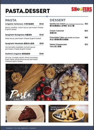 Pasta & Desserts menu