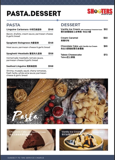 Pasta & Desserts menu