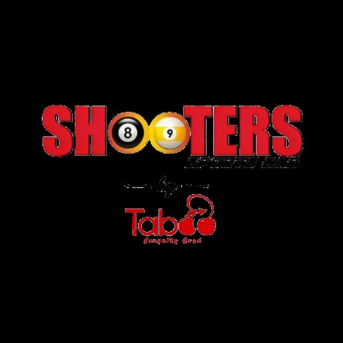 Logo for Shooters Billiards bar featuring red text with pool balls and Taboo nightclub branding