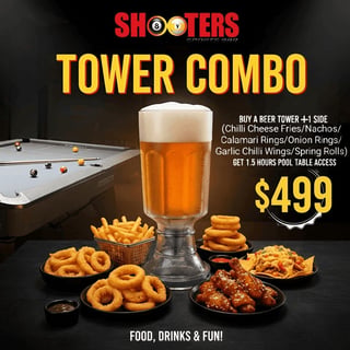 Shooters Tower Combo deal: large beer, fries, nachos, wings, and sides with 1.5 hours pool table access for $499