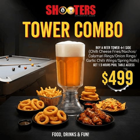 Shooters Tower Combo deal: large beer, fries, nachos, wings, and sides with 1.5 hours pool table access for $499