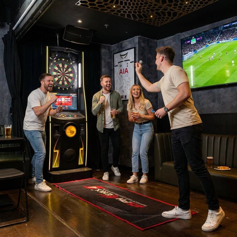 Group of four people enjoying games in a modern sports bar, with darts, shuffleboard, and soccer match on screen
